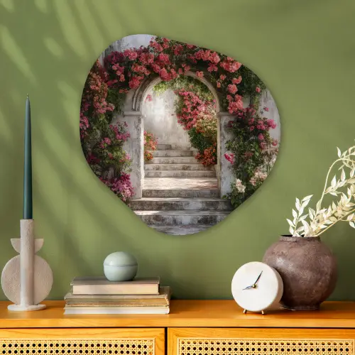 Doorkijk - Rozen - Vintage - Poort Wandcirkel Organisch Plexiglas middel -sfeer2