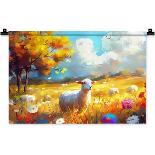 Schaap - Weide - Bloemen Wandkleed katoen klein -zz3d