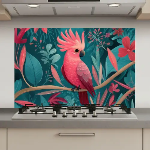 Kaketoe - Tropische bladeren - Tak keuken achterwand spatscherm klein -3d_website