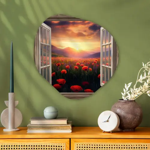 Doorkijk - Klaprozen - Bloemen - Rood - Open raam Wandcirkel Organisch Plexiglas middel -sfeer2