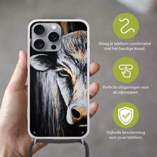 Stier - Hoorns - Snuit - Goud Hoesje iPhone 16 Pro Max met koord klein -sfeer2_NL
