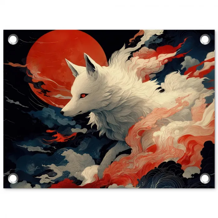 Witte vos - wolken - maan tuinposter los doek klein -3d