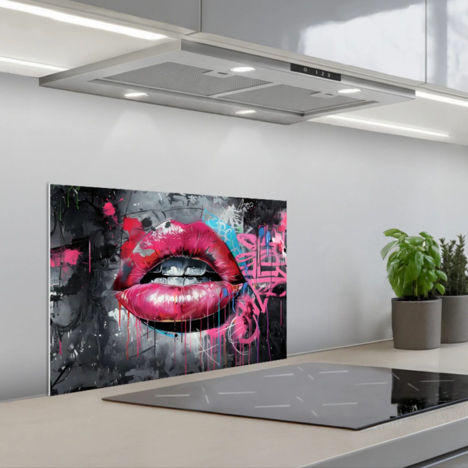 Lippen - Felroze - Graffiti - Verfstrepen keuken achterwand spatscherm klein -3d_schuin