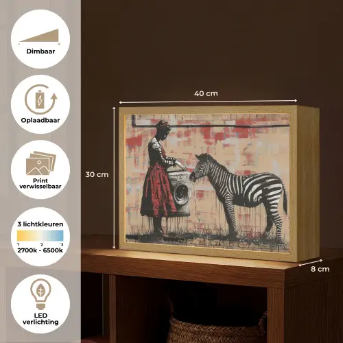 Street art - Zebra - Vrouw - Dieren - Graffiti - Banksy Style Light Box met batterij (Wandlamp) middel -USP_websiteoverzichtNL