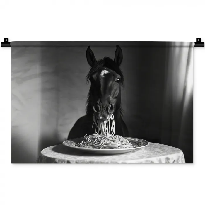 Paard - Bord - Pasta - Tafelkleed - Zwart Wit - Dieren Wandkleed katoen klein -zz3d