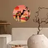 Kameel - Gekleurd tapijt - Duinen - Rode zon Wandcirkel behangsticker klein -sfeer1