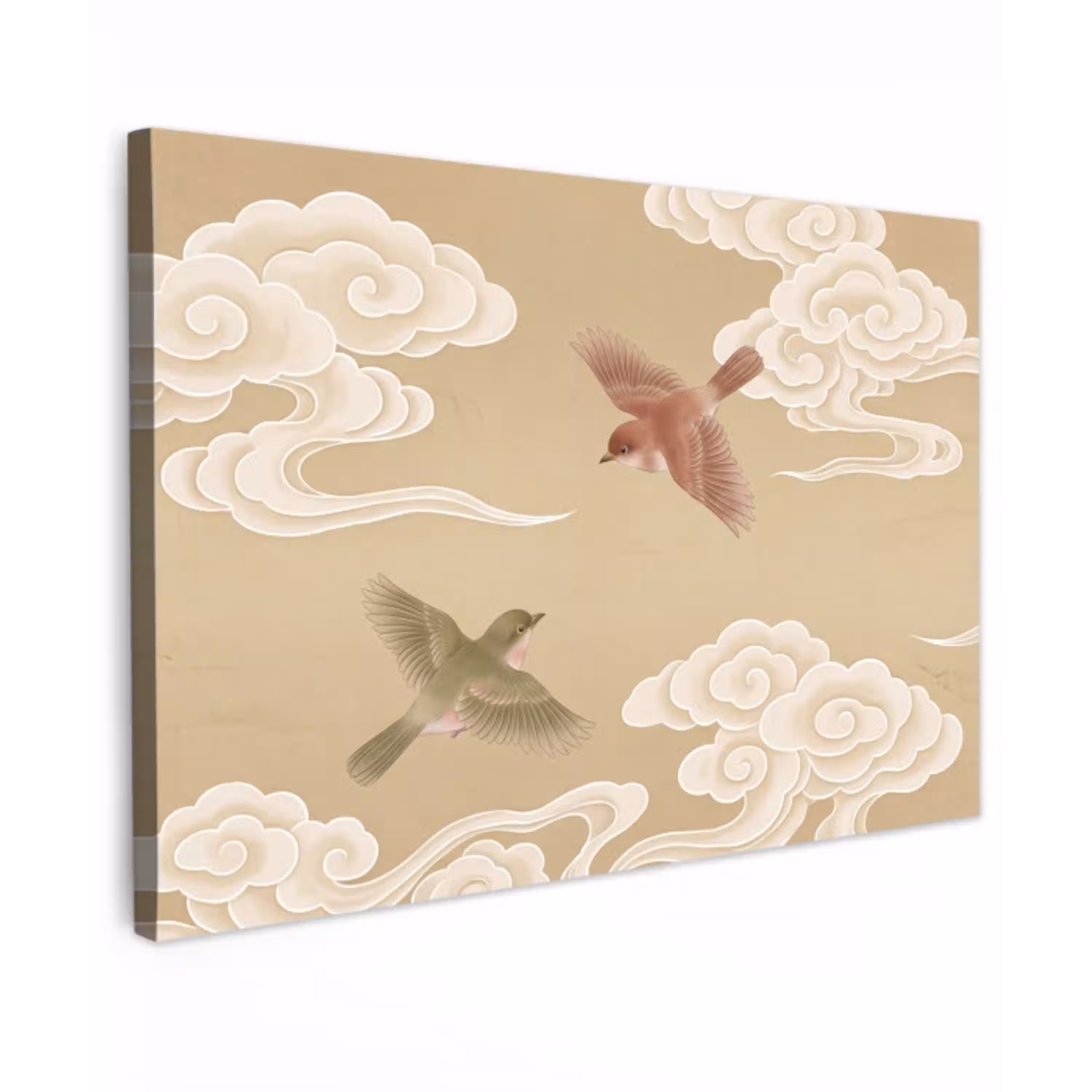 Vogels - Vliegen - Beige Tuinposter op houten frame 2 cm dik klein -3d