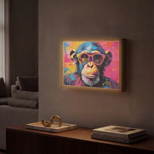 Graffiti - Chimpansee - Aap - Bril - Kleurrijk Light Box met batterij (Wandlamp) middel -sfeer1