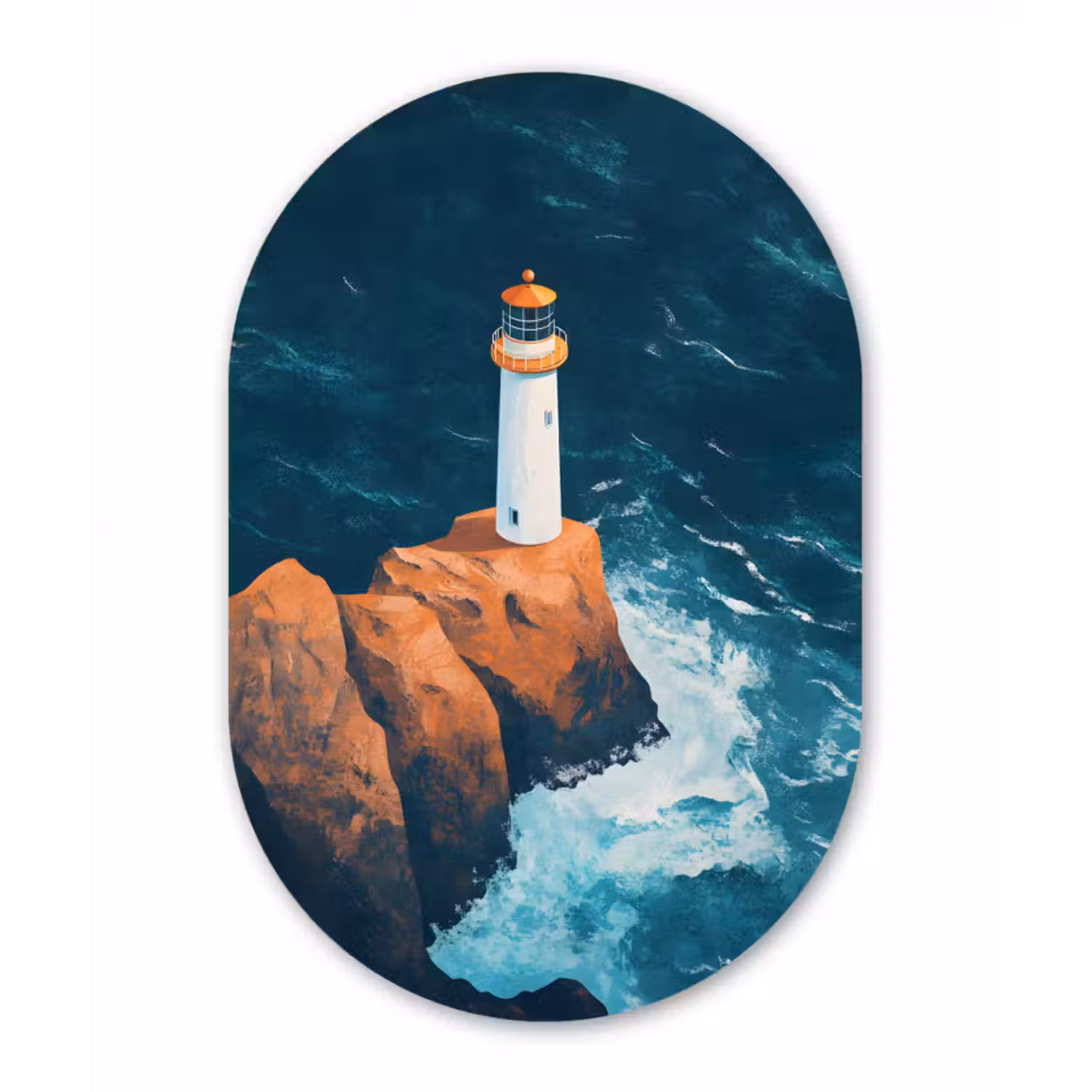 Glasbild Oval - Leuchtturm - Felsen - Meer - Wellen