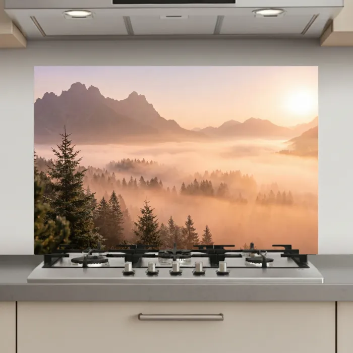 Zonlicht - Mist - Bergen - Bomen keuken achterwand spatscherm klein -3d_website