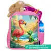 Flamingo en dinosaurus op strand bij ondergaande zon Kinderrugzak - Roze middel -inhoud_NL
