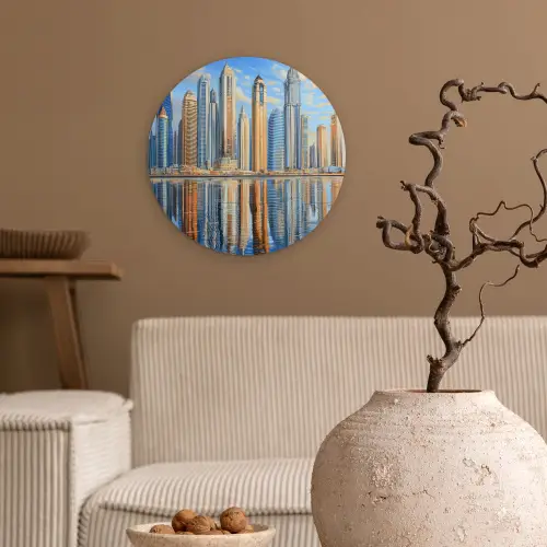 Skyline - Wolkenkrabbers - Water - Blauw Wandcirkel kunststof plaat 5mm dik klein -sfeer1