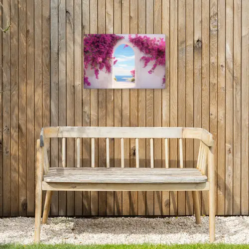 Zee - Roze - Bloemen - Poort Tuinposter op houten frame 2 cm dik klein -sfeer4