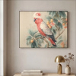 Roze kuifkaketoe - Tak met vruchten - Bladeren Textielframe - compleet frame klein -sfeer2