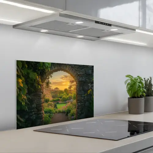 Poort - Planten - Zonsondergang keuken achterwand spatscherm klein -3d_schuin