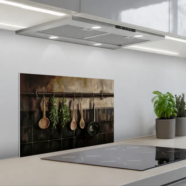 Keukengerei - Rustiek - Tegels - Kruiden keuken achterwand spatscherm klein -3d_schuin