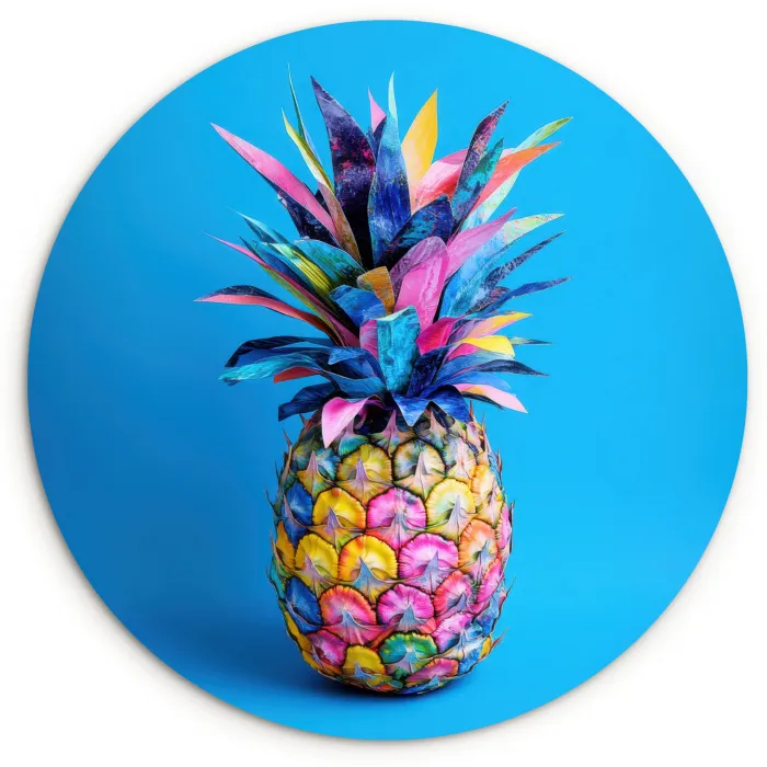 Ananas - Blauw - Tropisch - Vrolijk Wandcirkel kunststof plaat 5mm dik klein -3d
