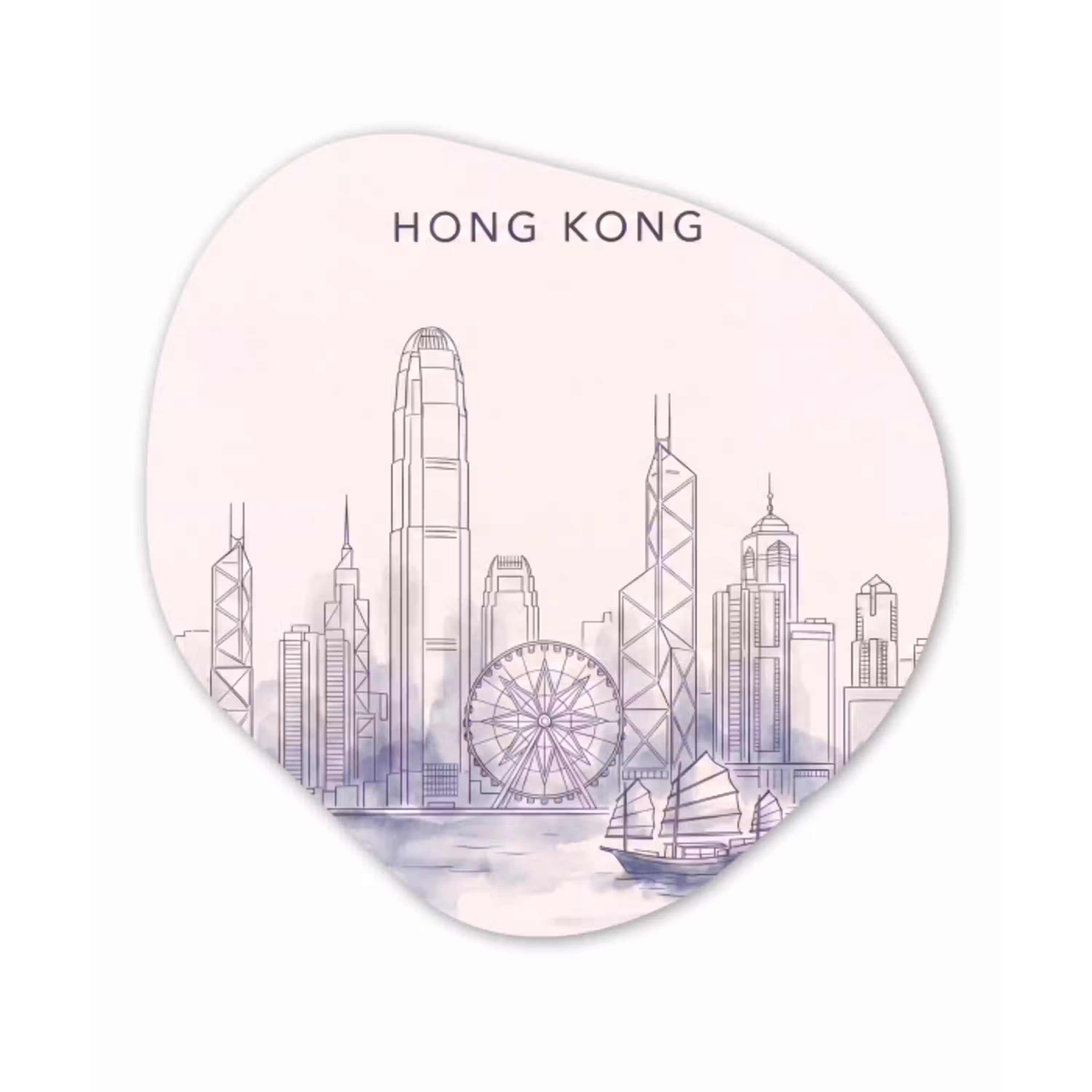 Stad - Skyline - Water - Lijntekening - Blauw Wandcirkel Organisch Aluminium middel -3d