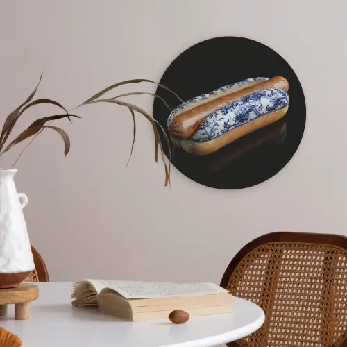 Hotdog - Porselein - Delfts blauw - Eten Akoestische PET Vilt - Rond klein -sfeer3