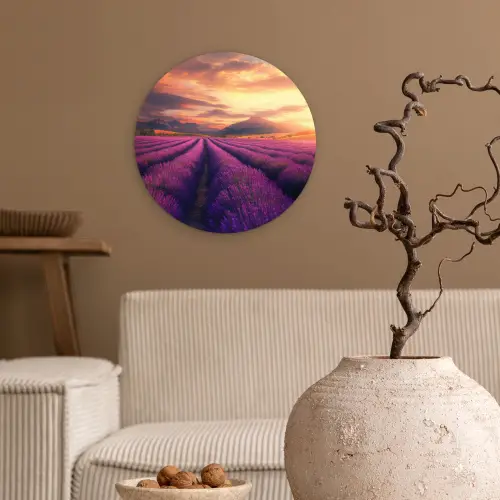 Lavendelveld - Zonsondergang - Paars Wandcirkel kunststof plaat 5mm dik klein -sfeer1