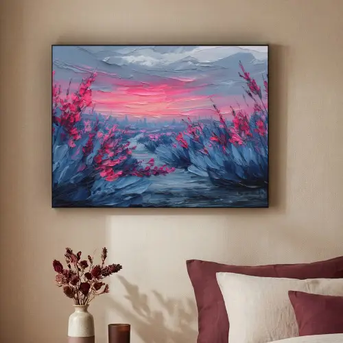 Schilderij - Zonsondergang - Bloemen - Rivier Textielframe zwart klein -sfeer1