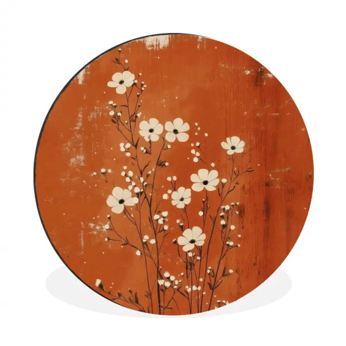 Bloemen - Wit - Subtiel - Roestkleur Wandcirkel aluminium klein -3d