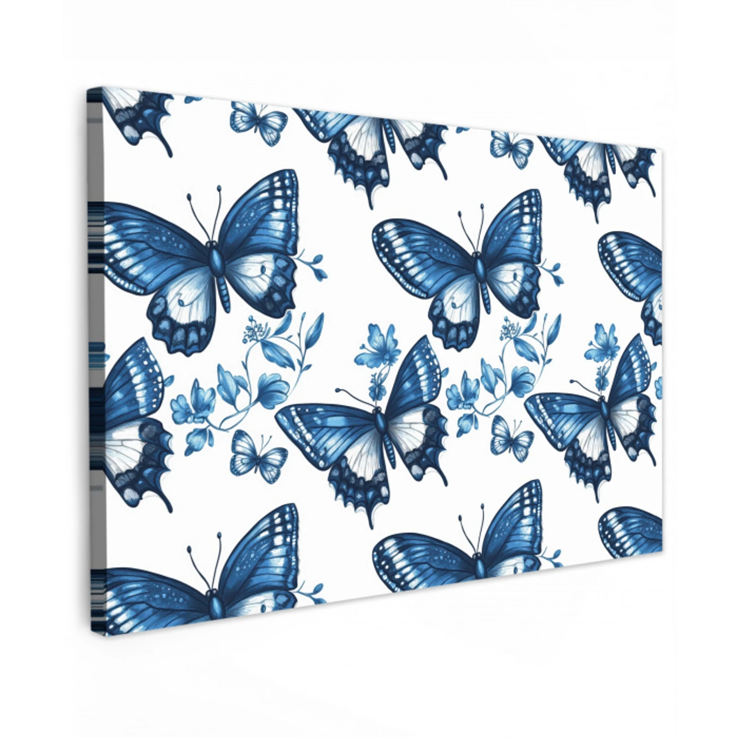 Blauw - Vlinders - Bloemen - Wit canvas 2cm klein 34 -z3d