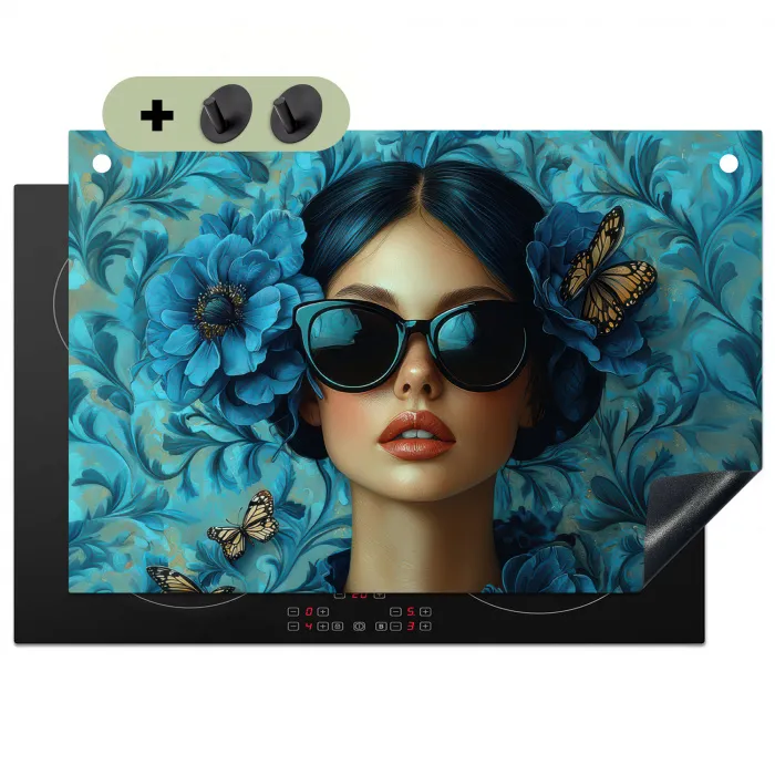 Vrouw - Bloemen - Vlinders - Blauw - Abstract Inductie beschemer met haakjes klein -3d