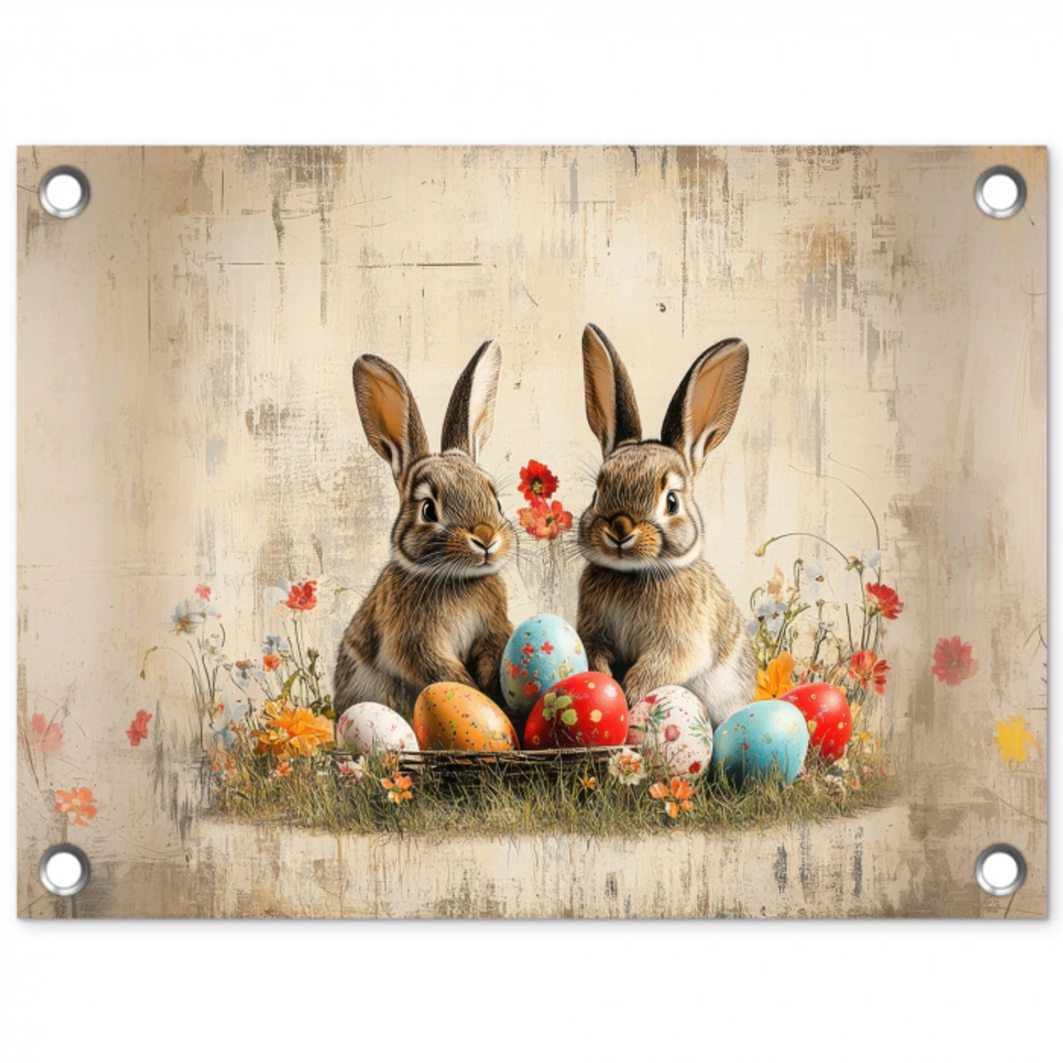 Konijnen - Bloemen - Eieren tuinposter los doek klein -3d