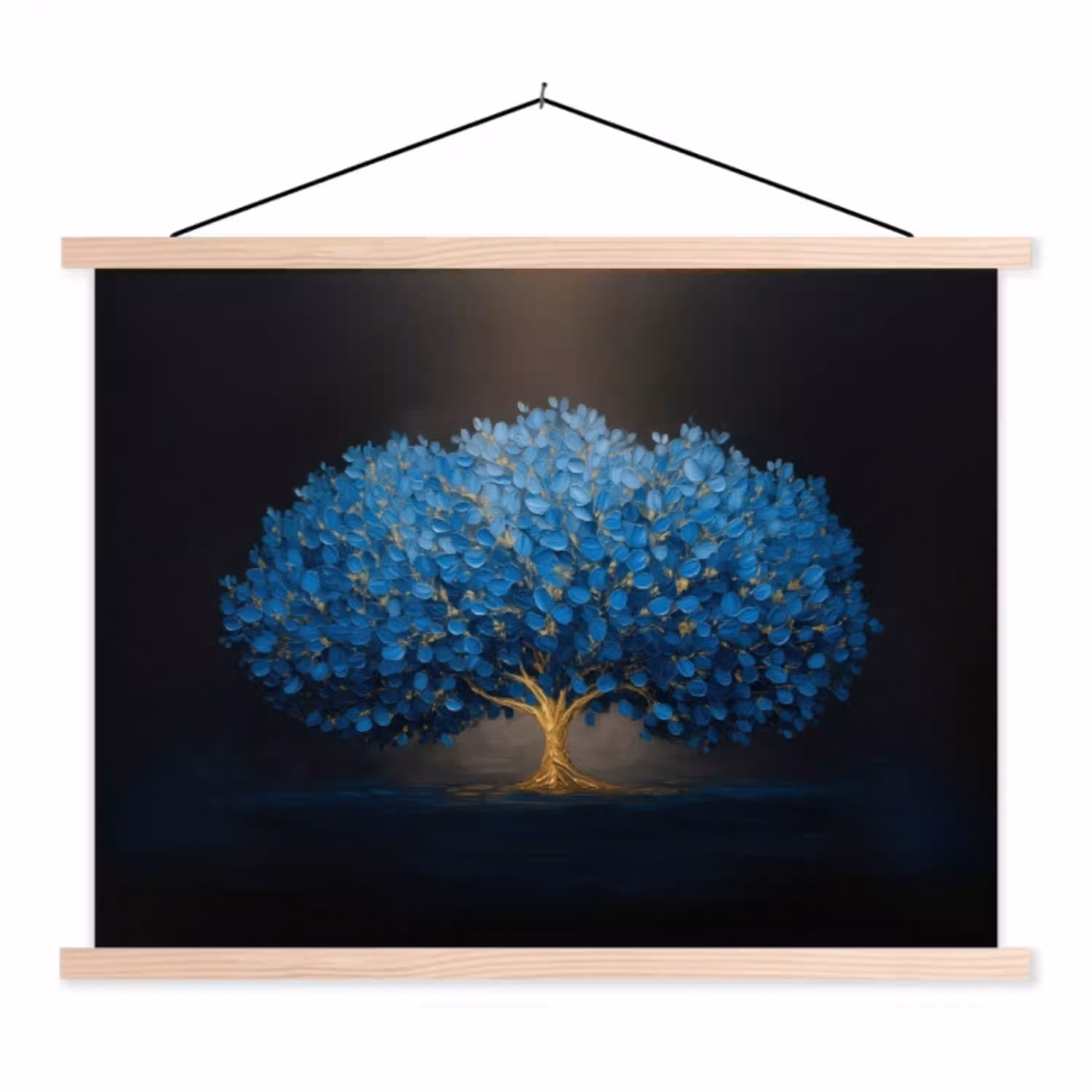 Boom - Blauw - Bladeren - Penseelstreken textielposter latten blank klein -3d