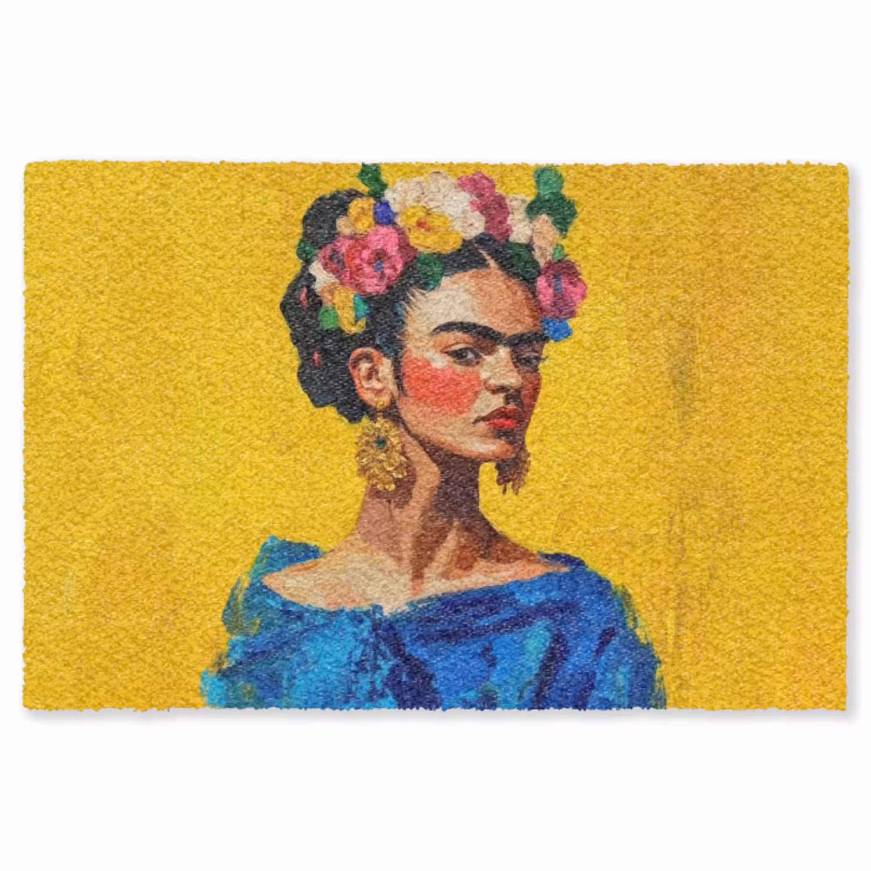 Frida Kahlo - Vrouw - Geel - Blauw - Bloemen Vloerkleed Rechthoek klein -3d