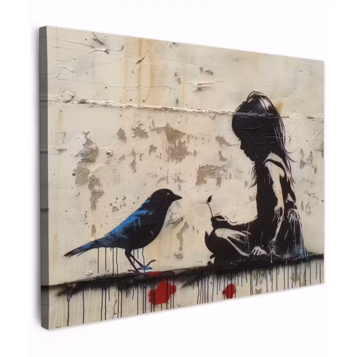 Leinwandbild - Straßenkunst - Mädchen - Vogel - Graffiti - Banksy