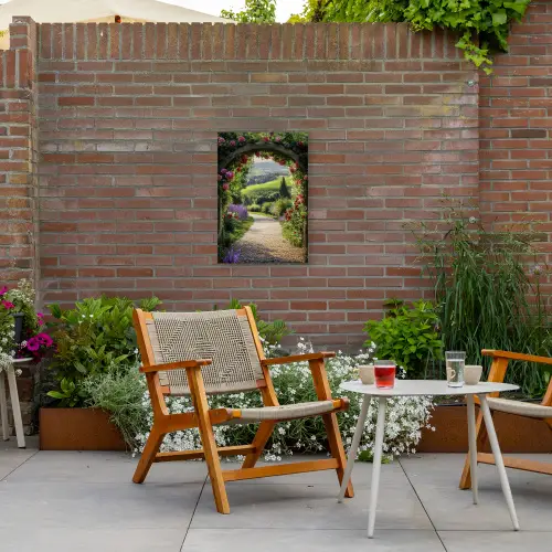 Doorkijk - Tuinboog - Bloemen - Natuur - Pad Tuinposter op houten frame 2 cm dik klein -sfeer3