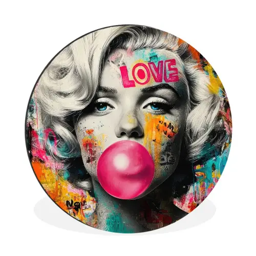 Vrouw - Kauwgom - Graffiti - Neonkleuren Wandcirkel aluminium klein -3d