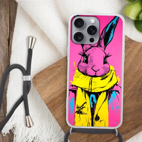 Konijn - Felroze - Sjaal - Abstract Hoesje iPhone 16 Pro Max met koord klein -sfeer4