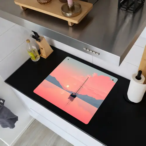Zeilboot - Roze zee - Zonsondergang - Bergen Inductie beschemer met haakjes middel -sfeer1