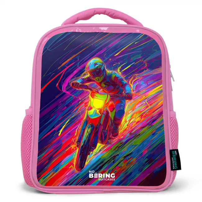 Crossmotor - Neonkleuren - Lijnen - Helm Kinderrugzak - Roze middel -3d