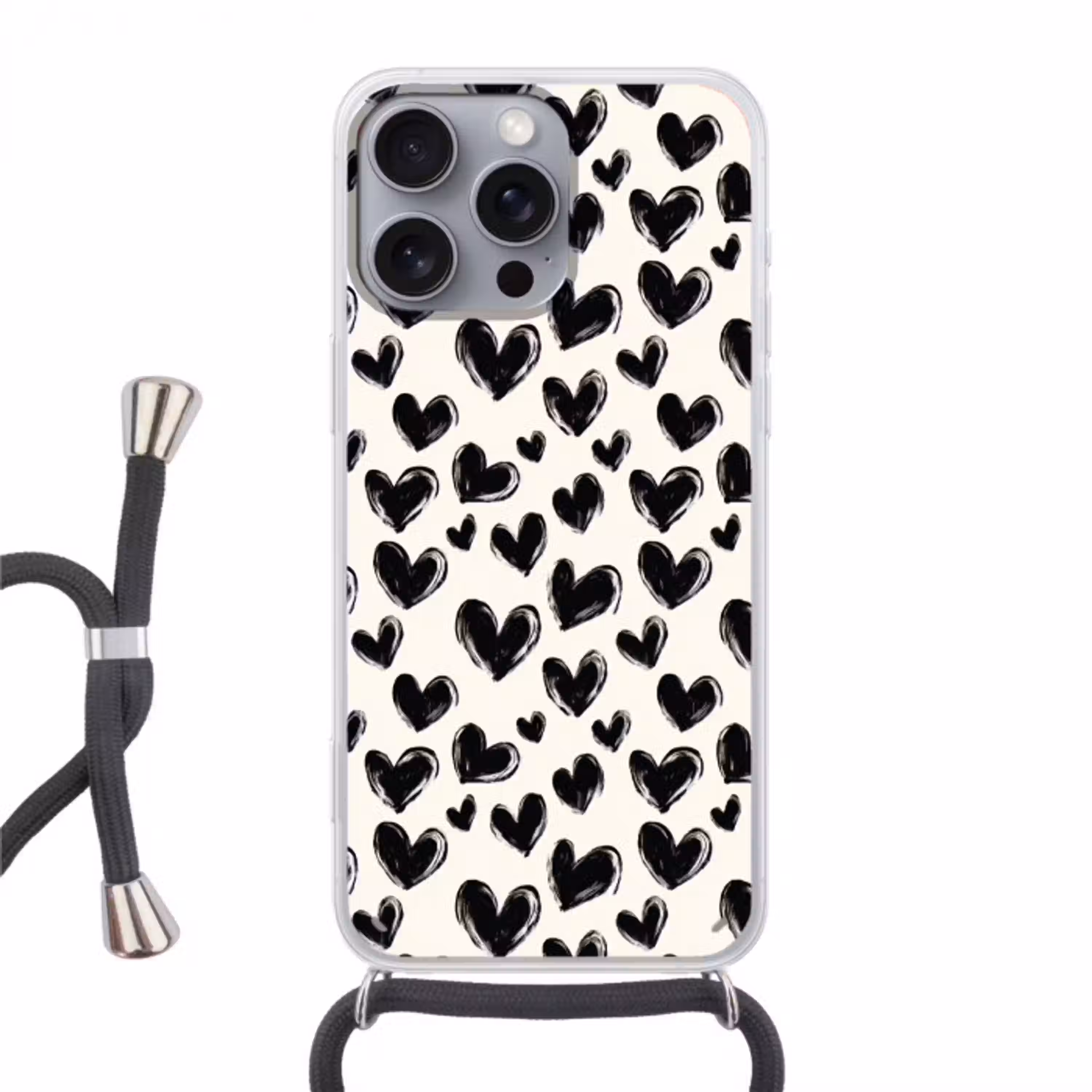 Hartjes - Patroon - Zwart Hoesje iPhone 16 Pro Max met koord klein 804 -3d
