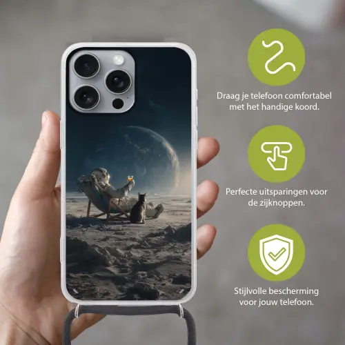 Maan - Kat - Astronaut - Ruimte Hoesje iPhone 16 Pro Max met koord klein -sfeer2_NL