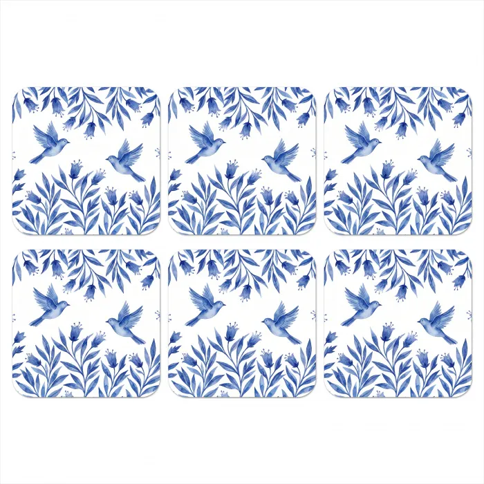 Modern - Vogels - Delfts - Blauw onderzetter kurk middel -3d