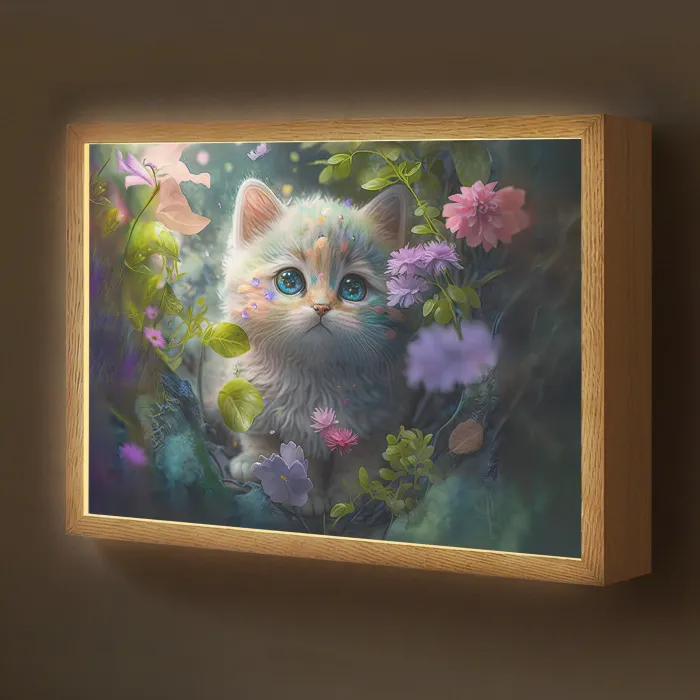Kitten - Bloemen - Bos - Illustratie - Poes Light Box met batterij (Wandlamp kind) middel -z3d_website