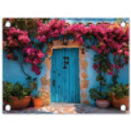 Deur - Hout - Bloemen - Blauw tuinposter los doek klein -3d