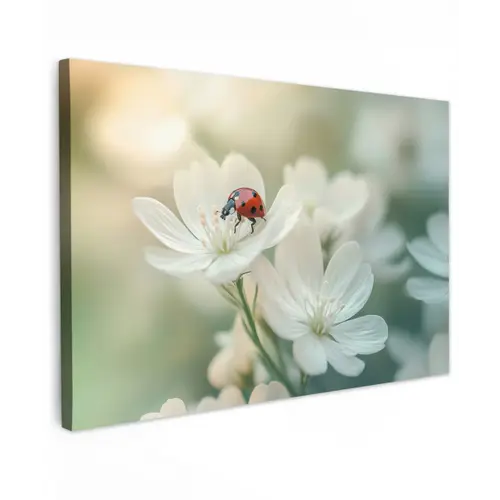 Lieveheersbeestje - Bloemen - Wit Tuinposter op houten frame 2 cm dik klein -3d