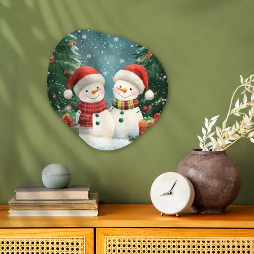 Sneeuwpop - Kerstsneeuw - Groen - Rood Wandcirkel Organisch Forex 3mm klein -sfeer2