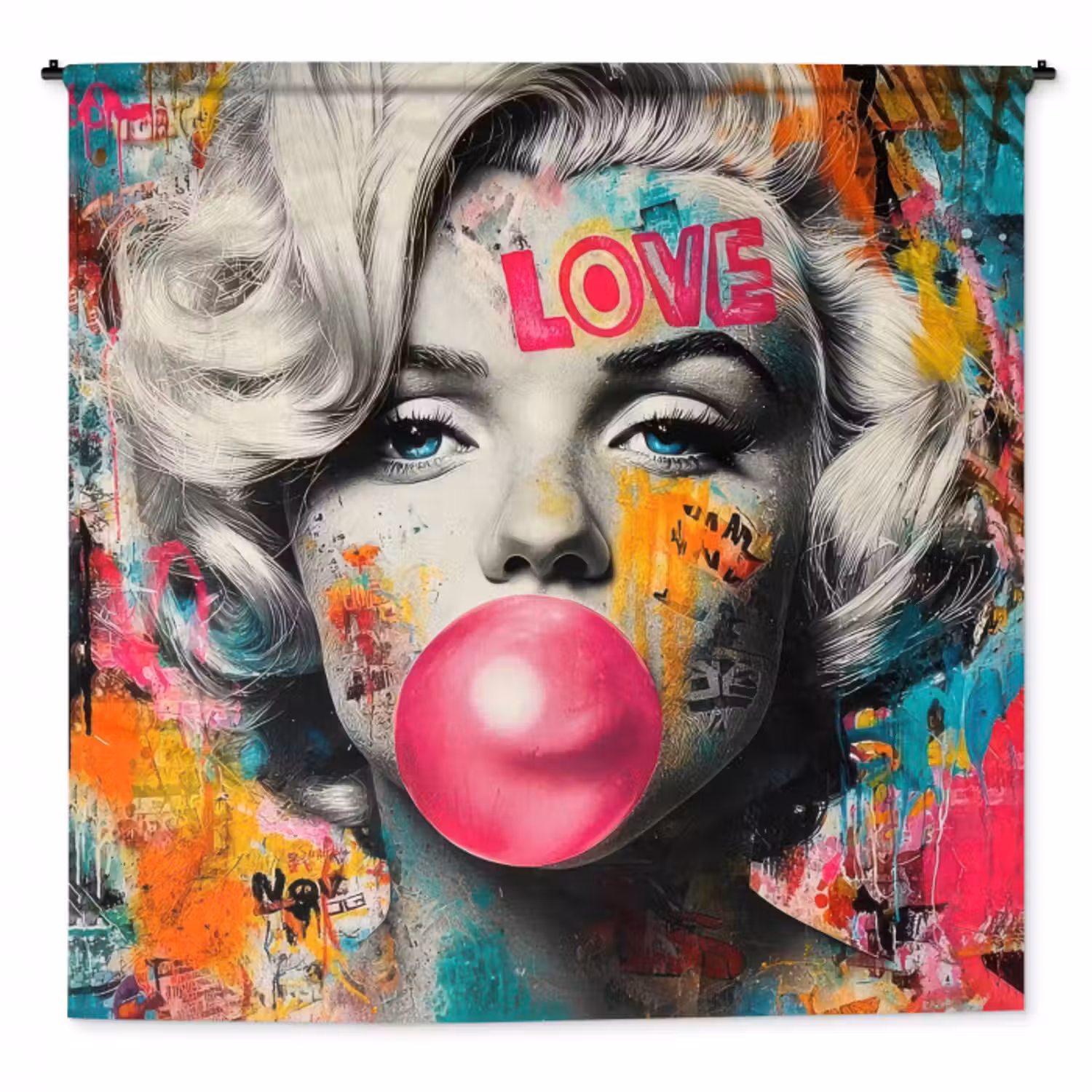 Wandteppich - Frau - Kaugummi - Graffiti - Neonfarben