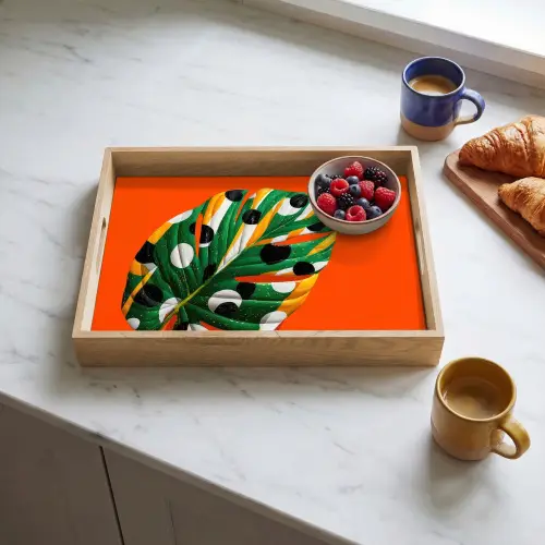 Blad - Oranje - Stippen - Kleurrijk Dienblad Rechthoek middel -sfeer2