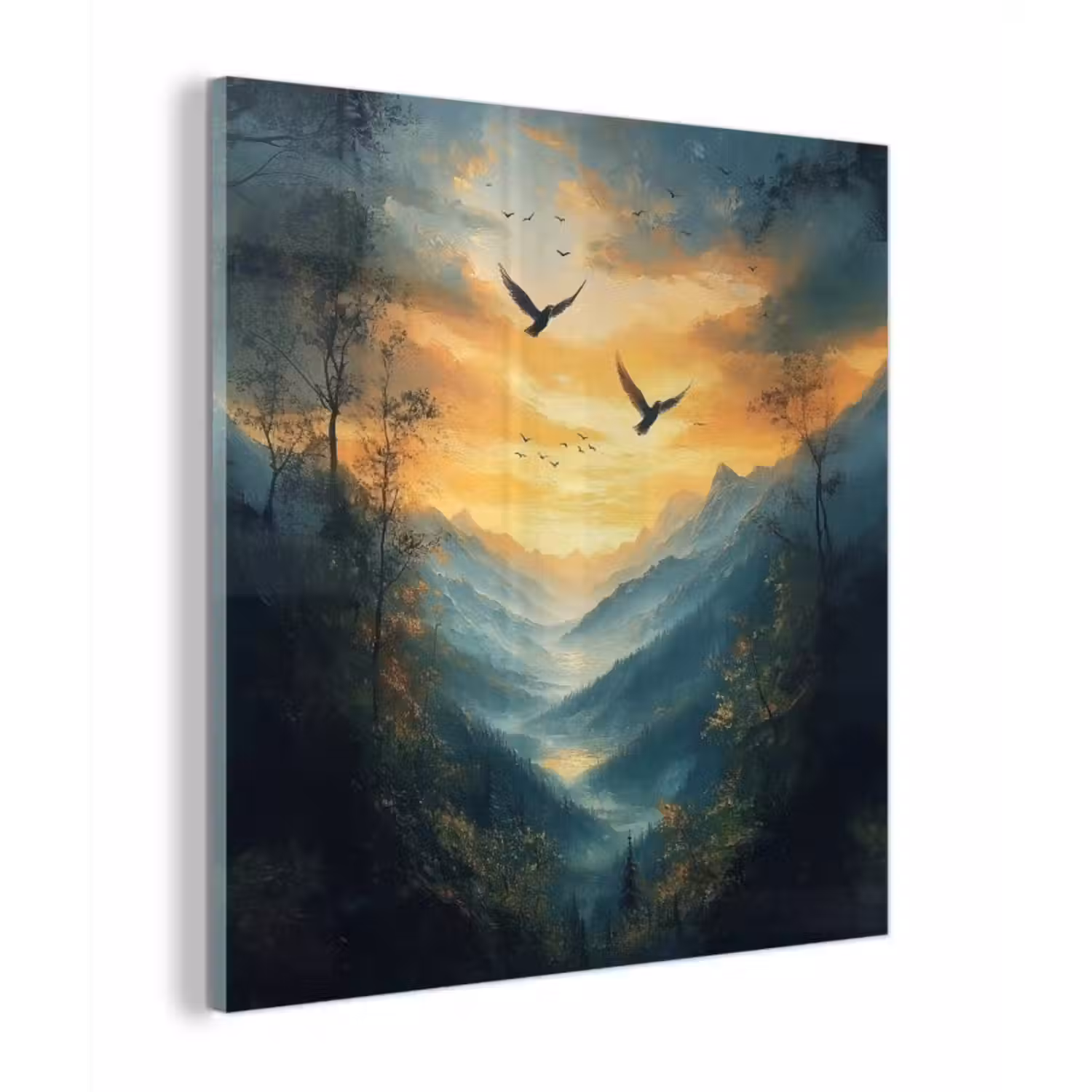Glas schilderij - Vogels - Zon - Bomen - Groen