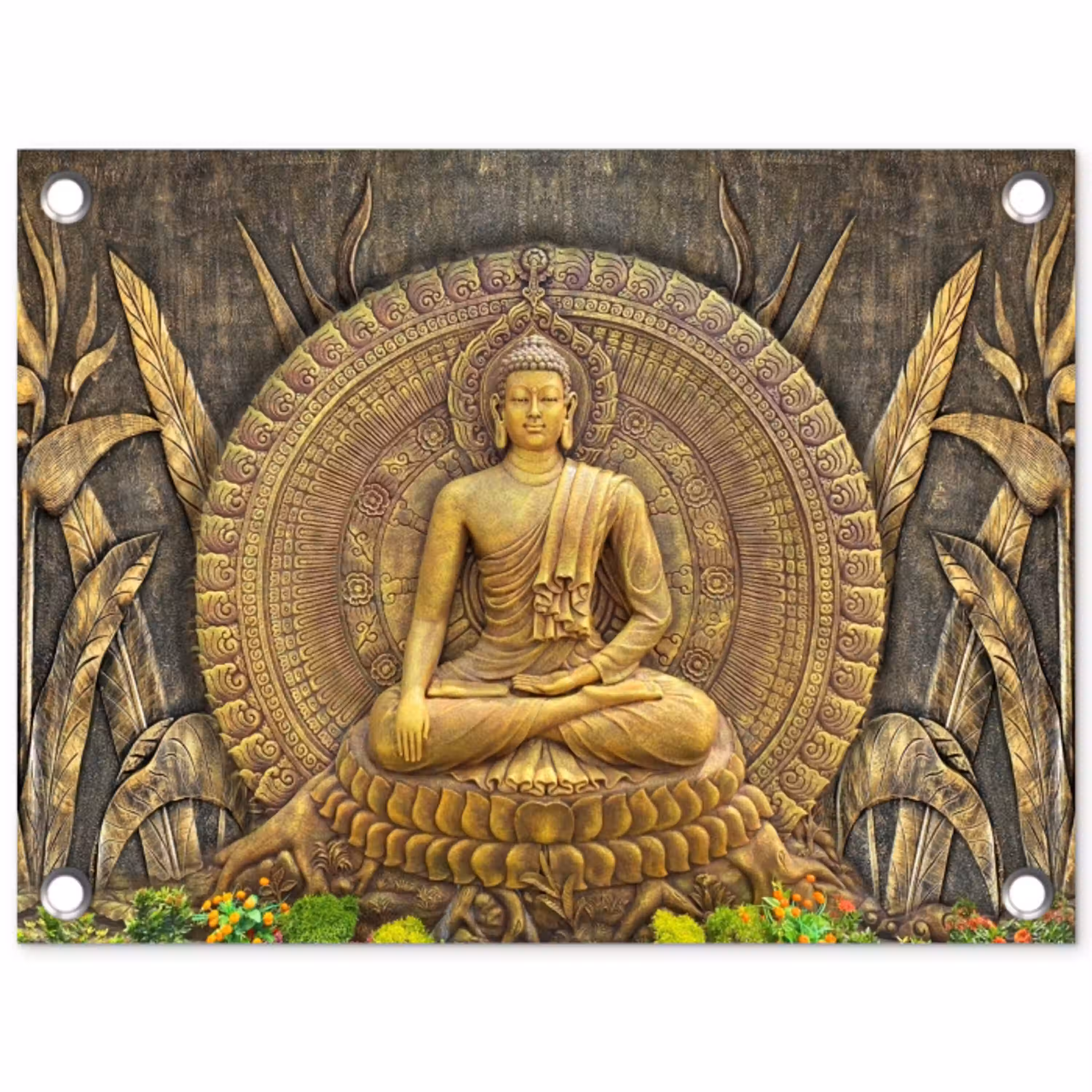 Gouden Boeddha-reliëf tuinposter los doek klein -3d