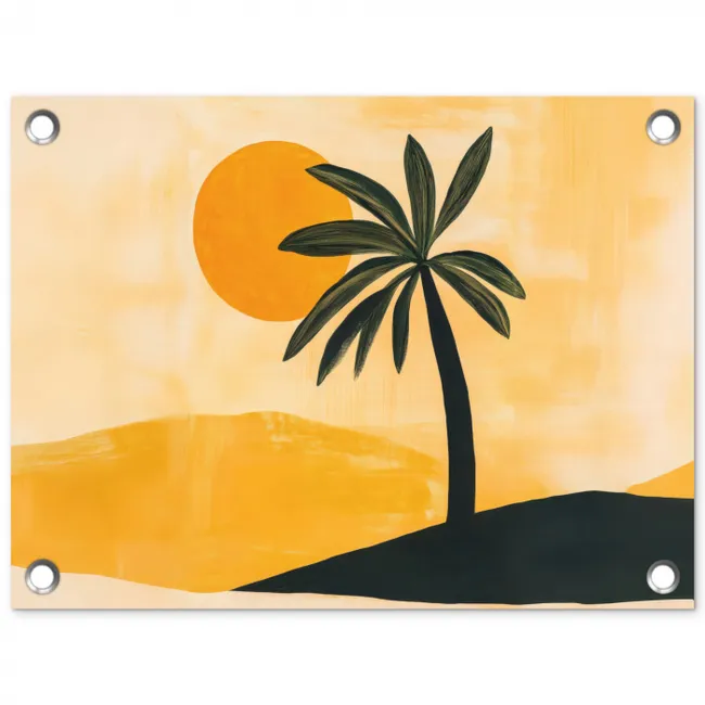 Illustratie - Palmboom - Zon - Heuvels tuinposter los doek klein -3d