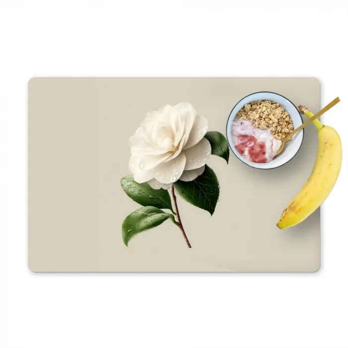 Cameliabloem - Wit - Groen Placemat vinyl groot -zzzproduct_Kitchenyeah-website